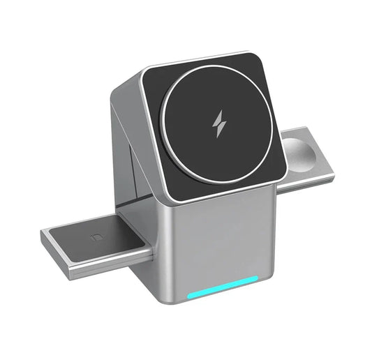 3-in-1 Wireless Charging Cube Power Station – 15W Fast Magnetic Charger with Rotation for iPhone, Watch & AirPods