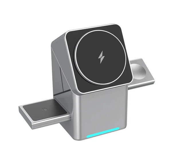 3-in-1 Wireless Charging Cube Power Station – 15W Fast Magnetic Charger with Rotation for iPhone, Watch & AirPods